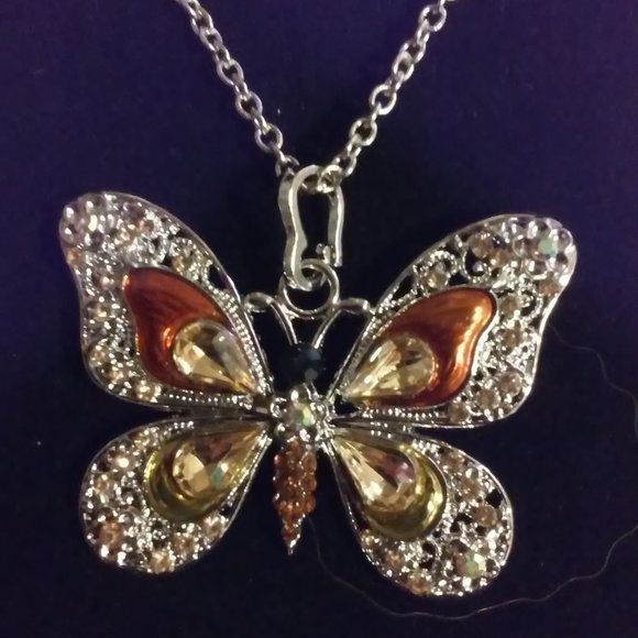Silver Butterfly Necklace Orange Yellow and Many Rhinestones 15" L 2" Across New - Picture 2 of 4